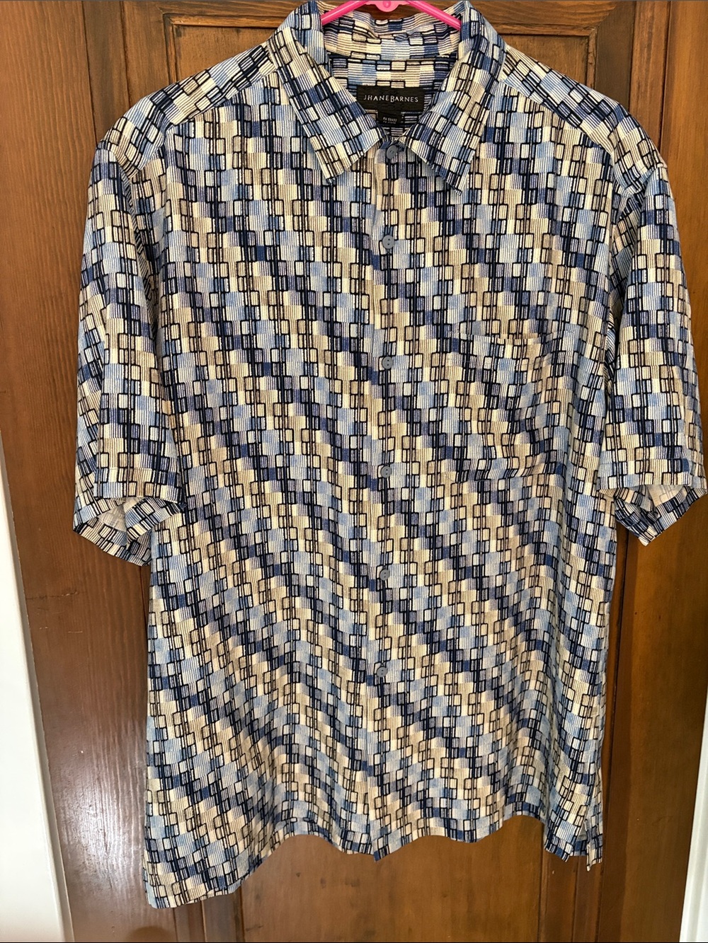 Jhane Barnes Short-Sleeve Button-Down Shirt in Blue and Cream Geometric Print